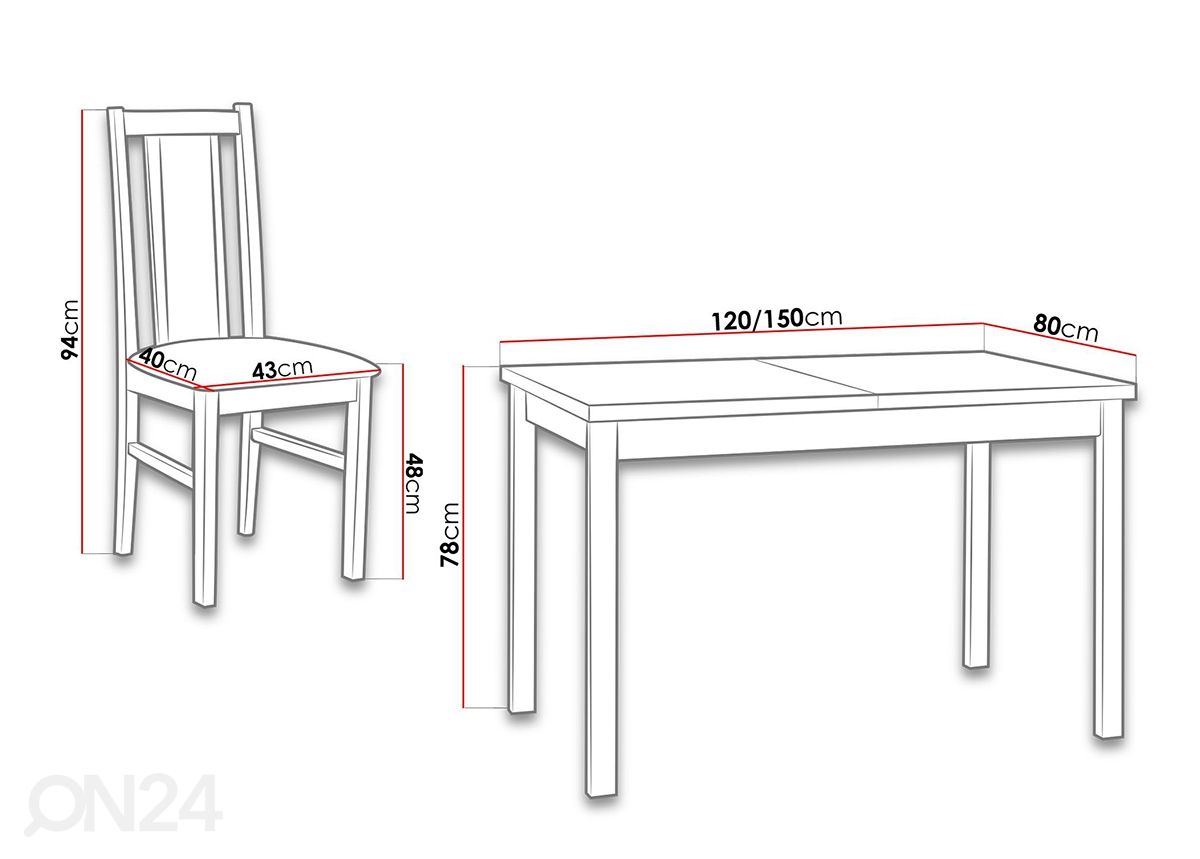 Pikendatav söögilaud 80x120-150 cm + 6 tooli suurendatud mõõdud