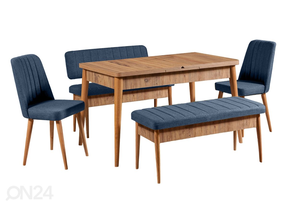 Pikendatav söögilaud 80x130-165 cm + 2 tooli+2 pinki suurendatud