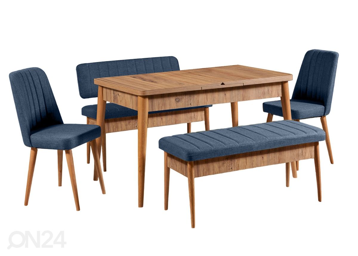 Pikendatav söögilaud 80x130-165 cm + 2 tooli+2 pinki suurendatud