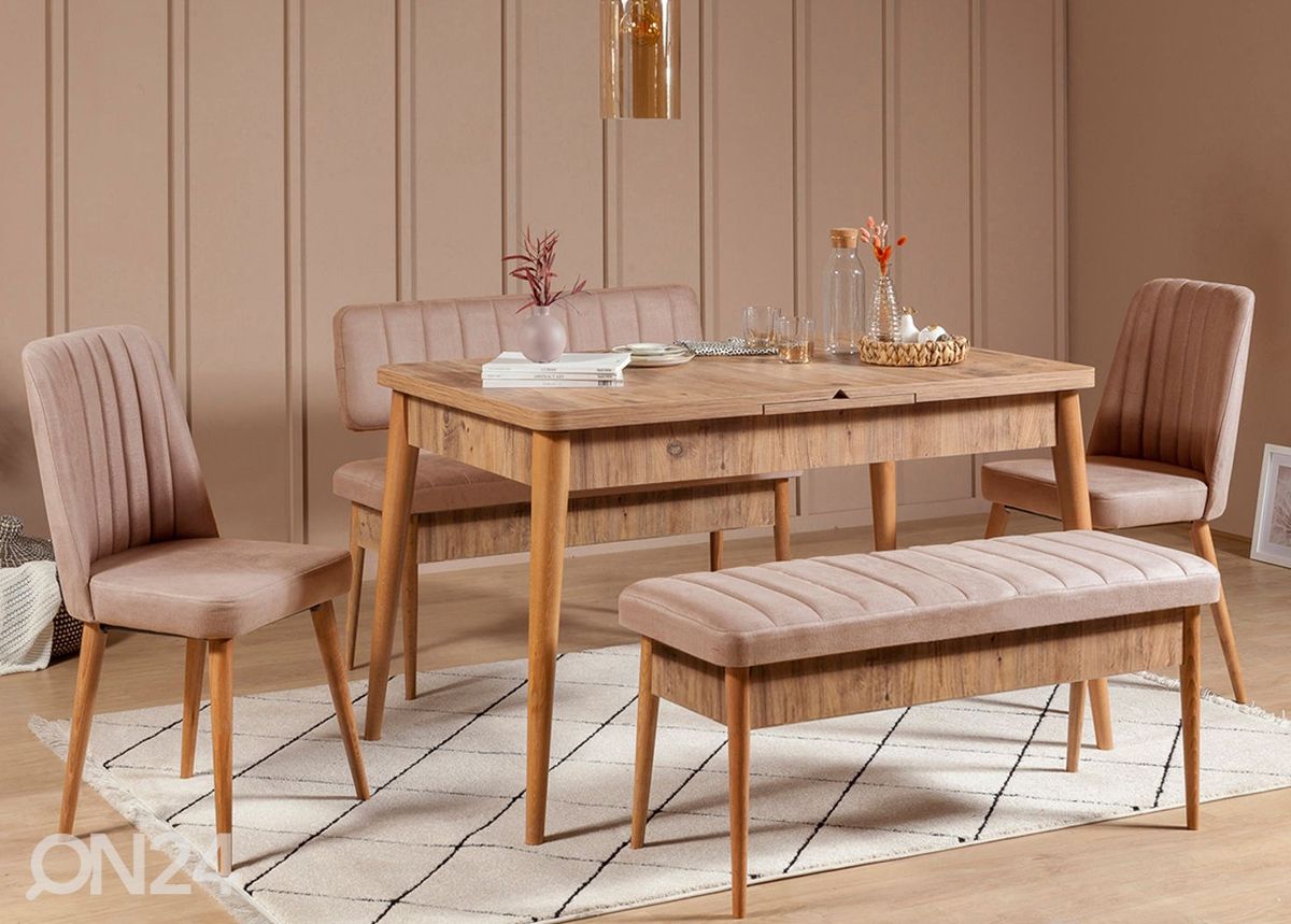 Pikendatav söögilaud 80x130-165 cm + 2 tooli+2 pinki suurendatud