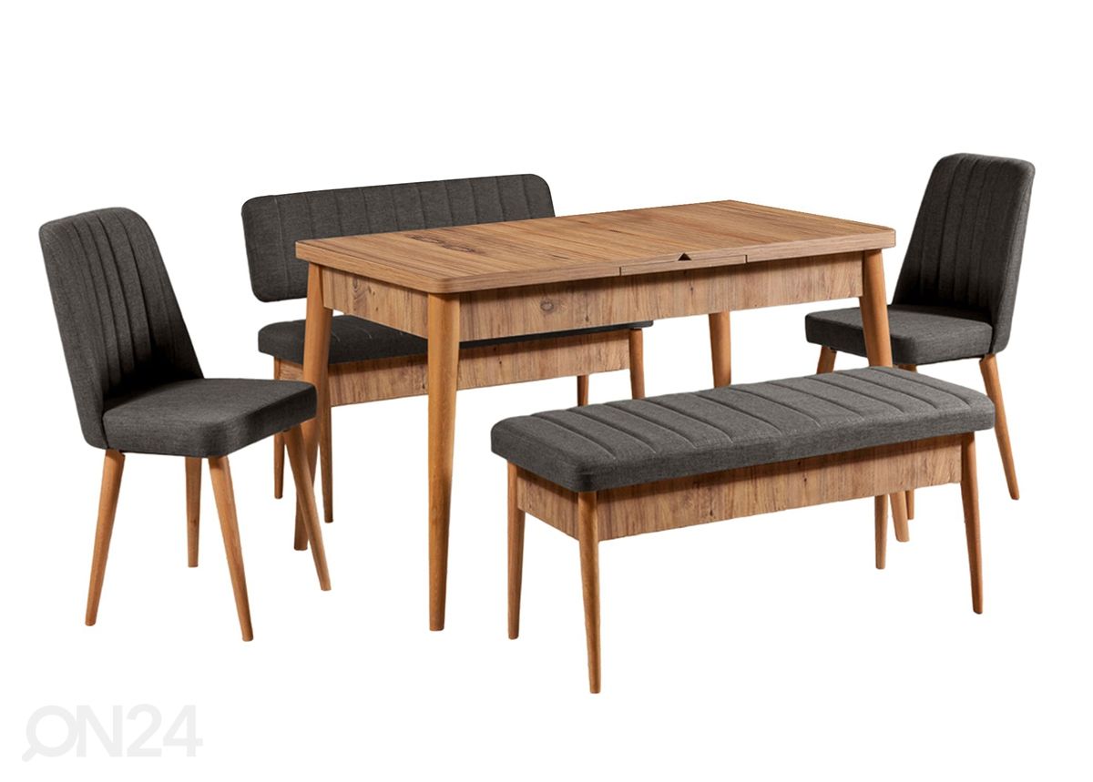 Pikendatav söögilaud 80x130-165 cm + 2 tooli+2 pinki suurendatud