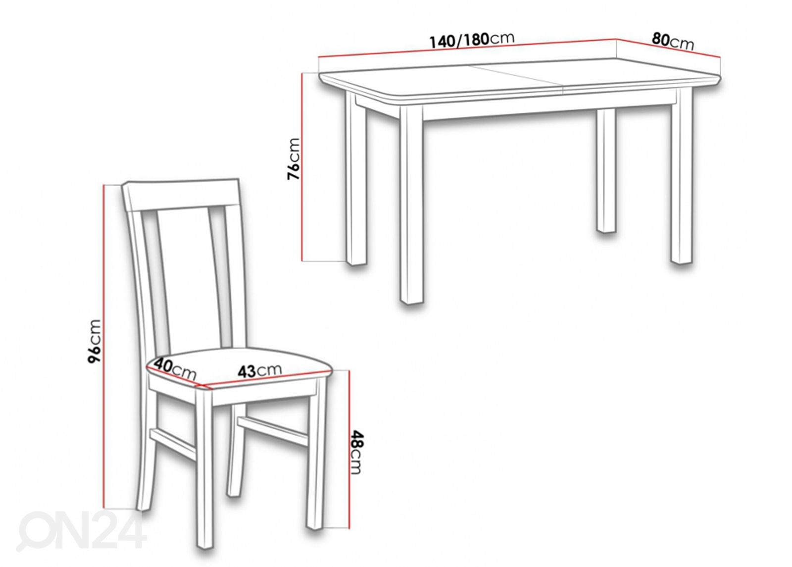 Pikendatav söögilaud 80x140-180 cm + 6 tooli suurendatud mõõdud