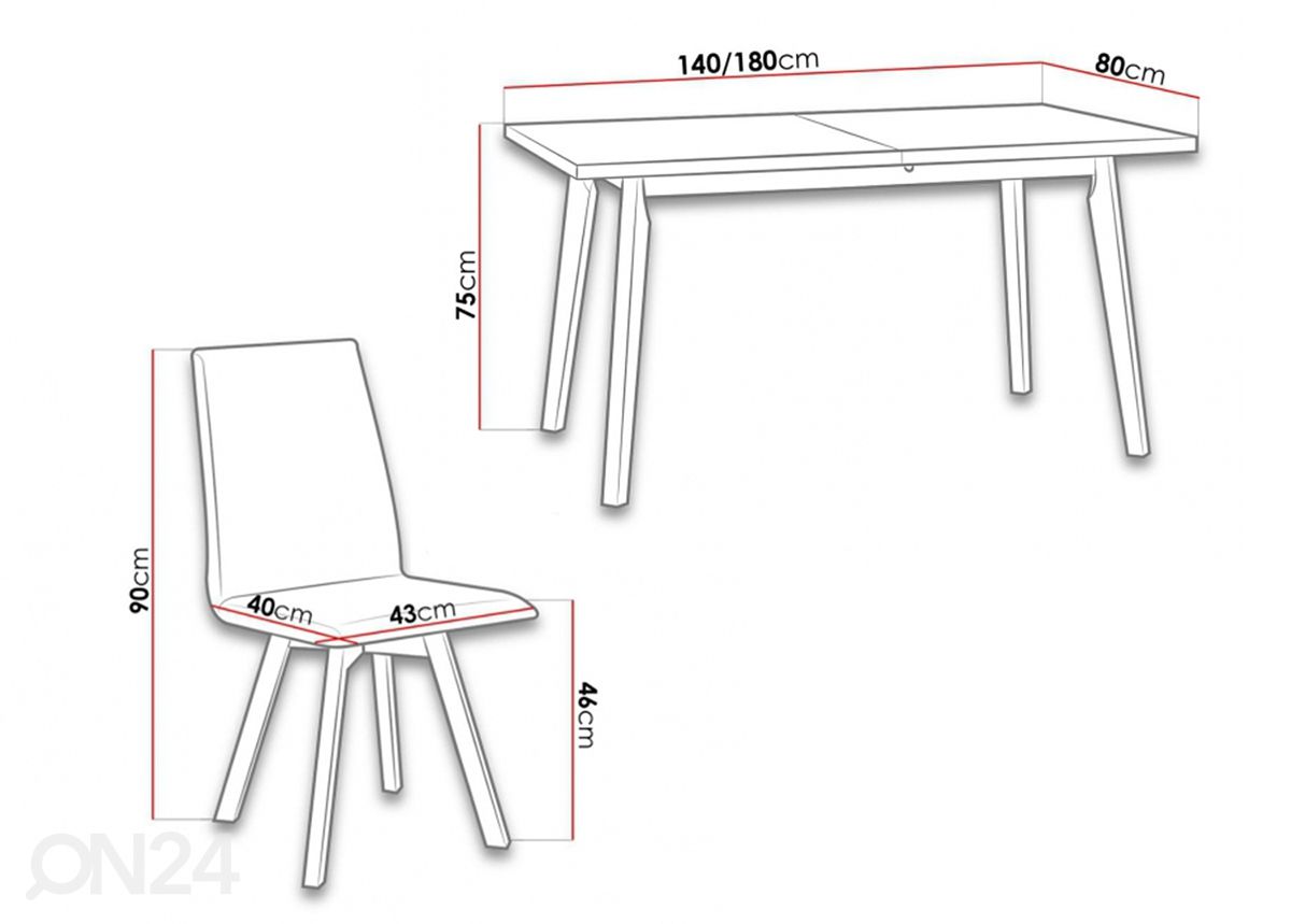 Pikendatav söögilaud 80x140-180 cm + 6 tooli suurendatud mõõdud
