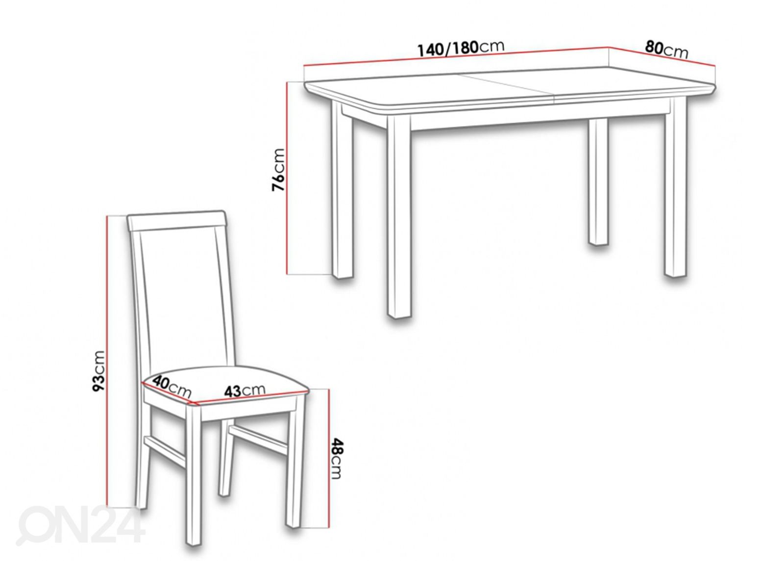 Pikendatav söögilaud 80x140-180 cm + 6 tooli suurendatud mõõdud
