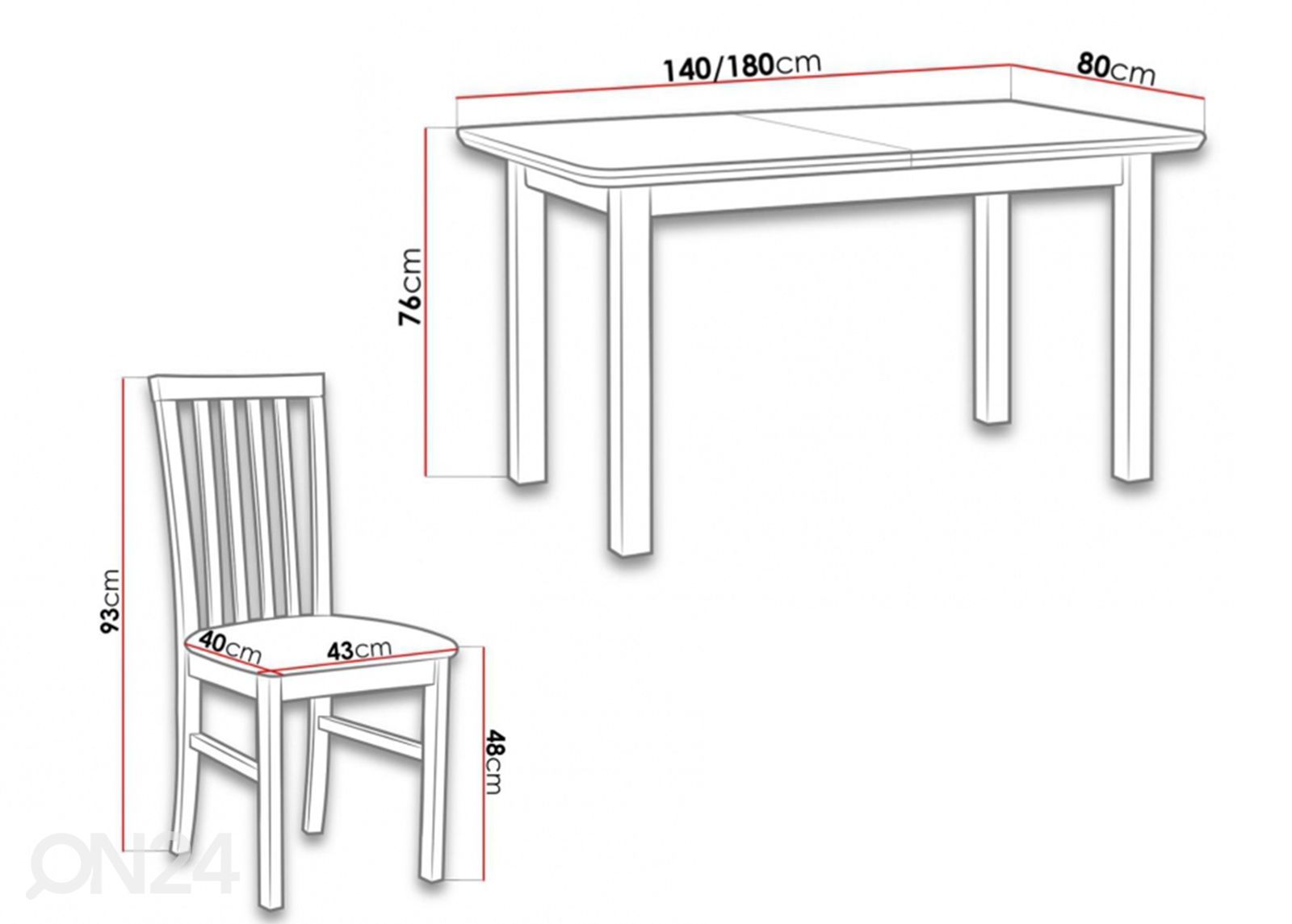 Pikendatav söögilaud 80x140-180 cm + 6 tooli suurendatud mõõdud