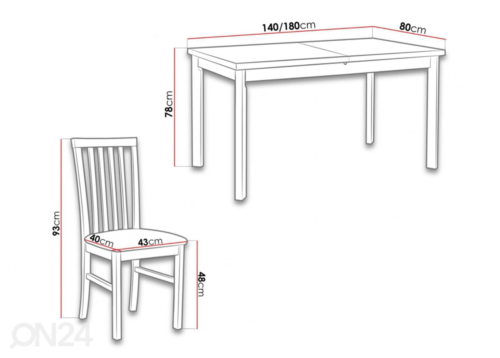 Pikendatav söögilaud 80x140-180 cm + 6 tooli suurendatud mõõdud
