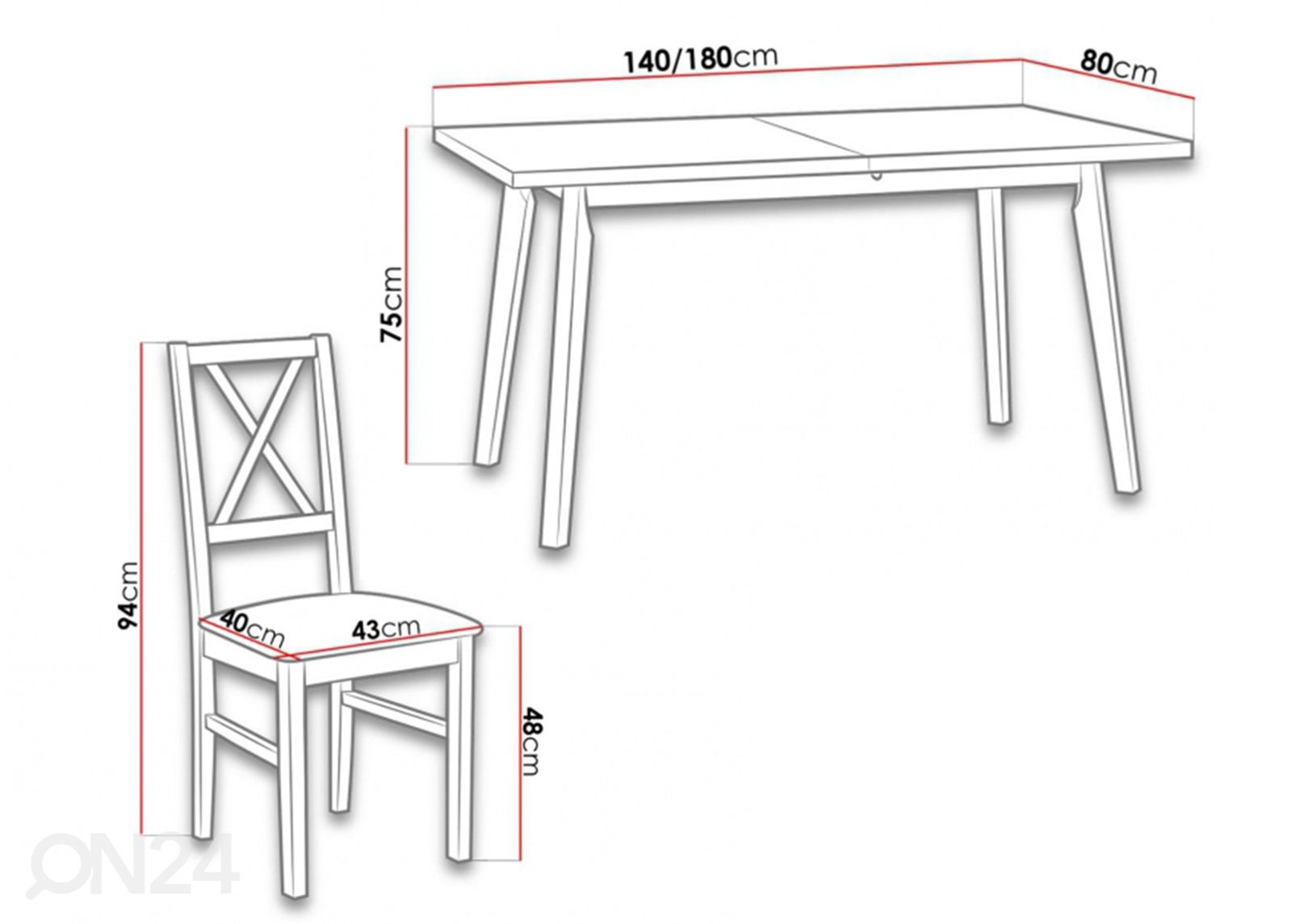 Pikendatav söögilaud 80x140-180 cm + 6 tooli suurendatud mõõdud