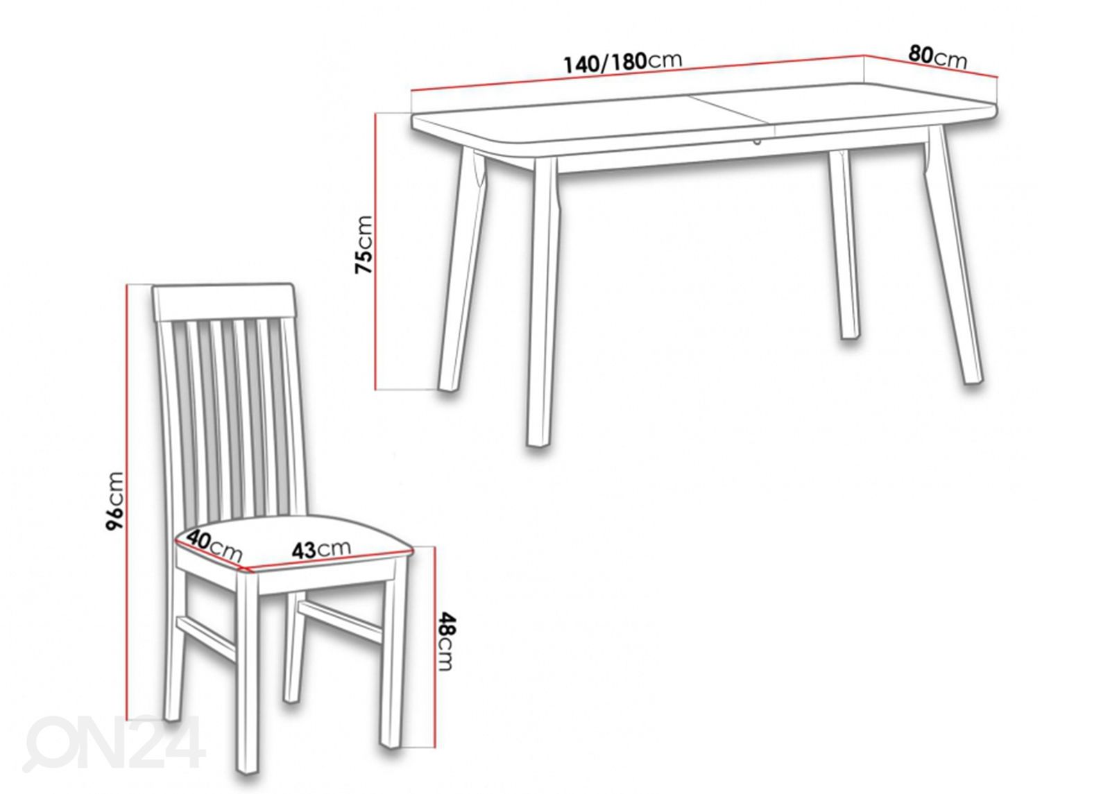Pikendatav söögilaud 80x140-180 cm + 6 tooli suurendatud mõõdud