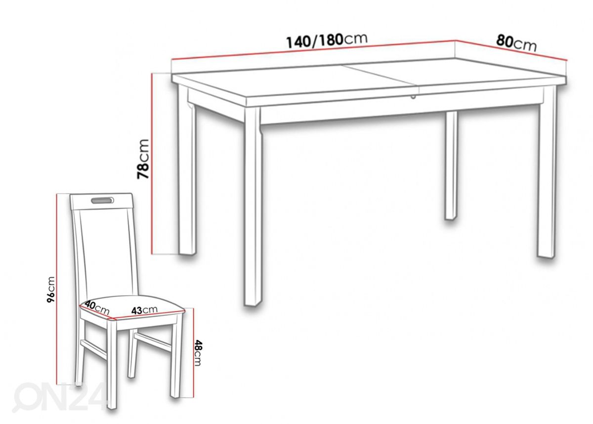 Pikendatav söögilaud 80x140-180 cm + 6 tooli suurendatud mõõdud