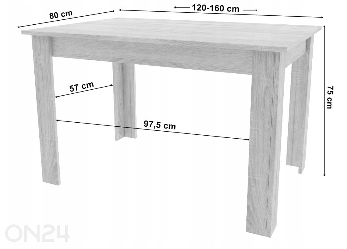 Pikendatav söögilaud 80x160 cm suurendatud mõõdud