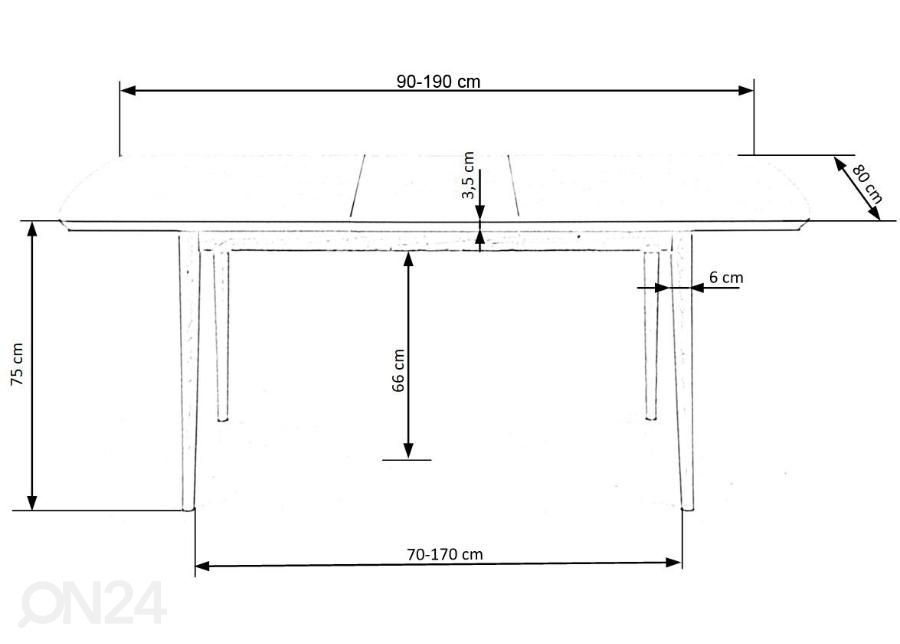 Pikendatav söögilaud 90/190x80 cm suurendatud mõõdud
