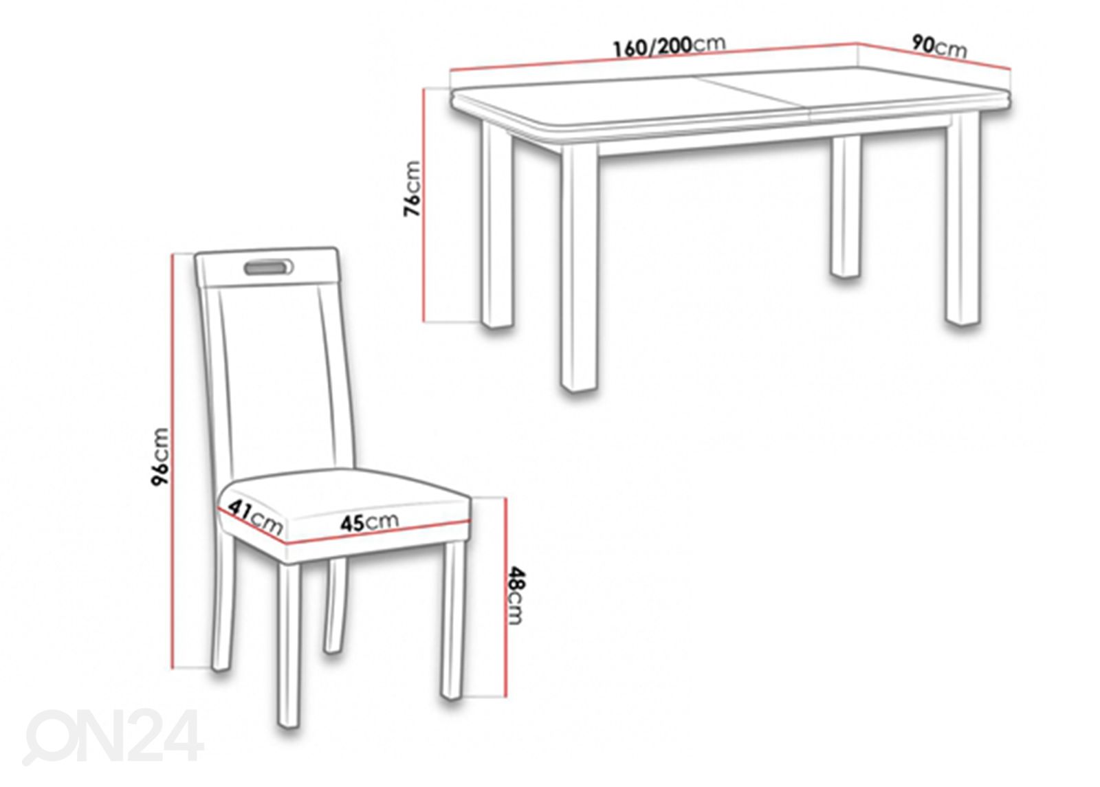 Pikendatav söögilaud 90x160-200 cm + 6 tooli suurendatud mõõdud
