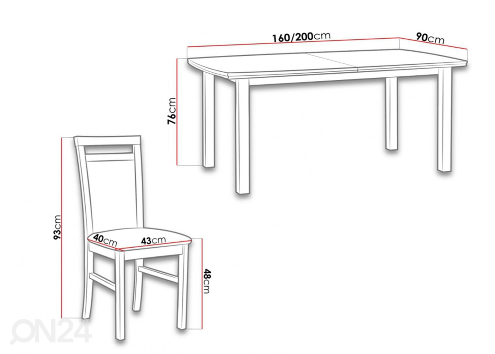 Pikendatav söögilaud 90x160-200 cm + 6 tooli suurendatud mõõdud