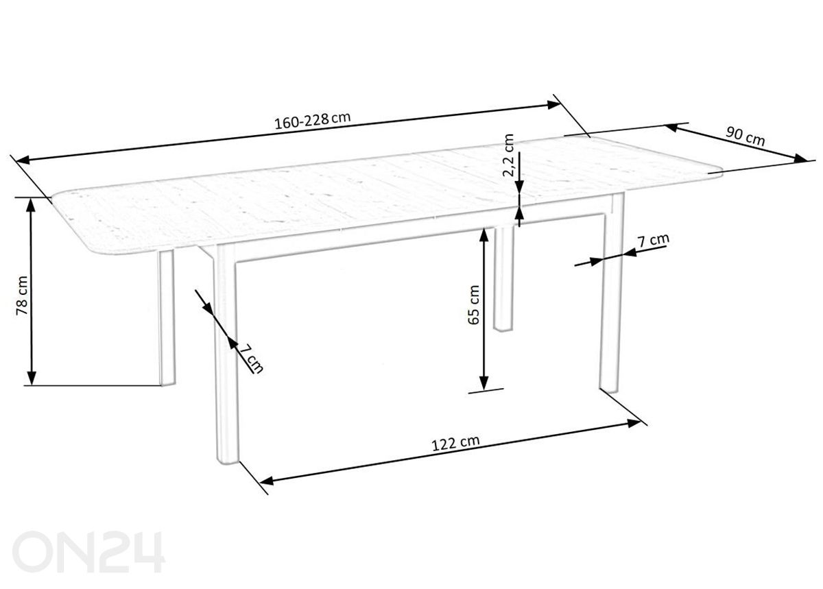 Pikendatav söögilaud 90x160/228 cm suurendatud mõõdud
