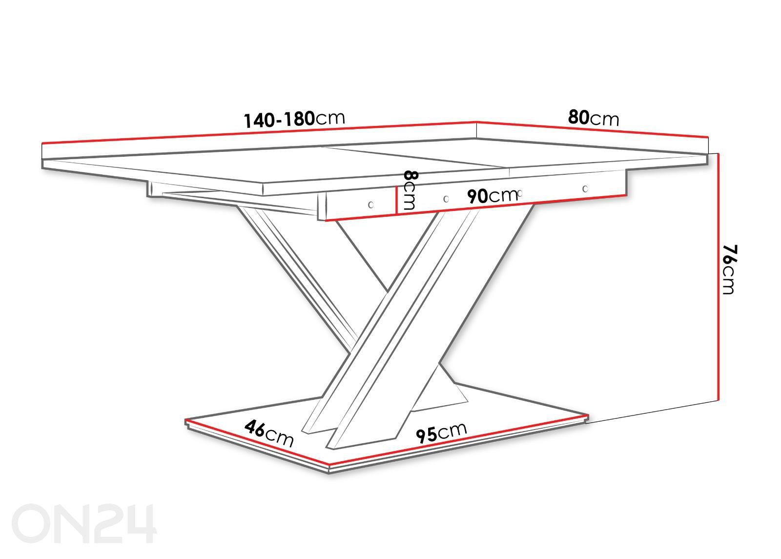 Pikendatav söögilaud Bronx 80x140/180 cm suurendatud mõõdud