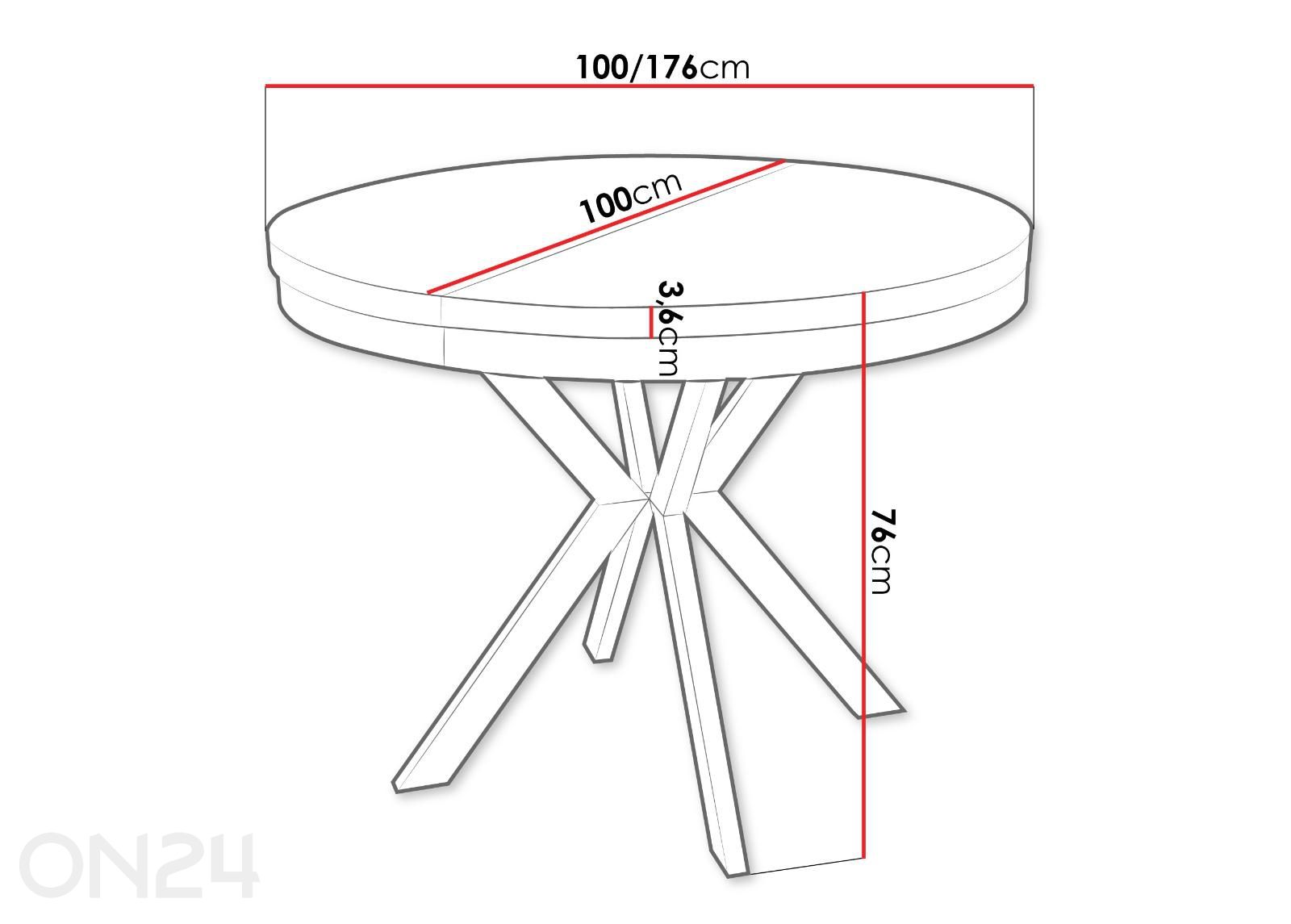Pikendatav söögilaud Edder 100x100/176 cm suurendatud mõõdud