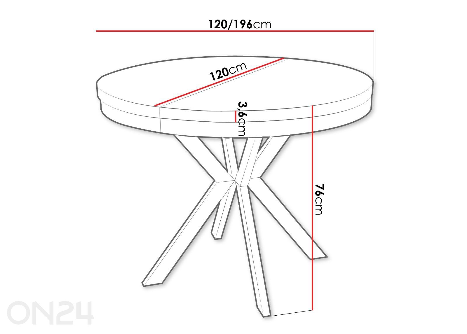 Pikendatav söögilaud Edder 120x120/196 cm suurendatud mõõdud