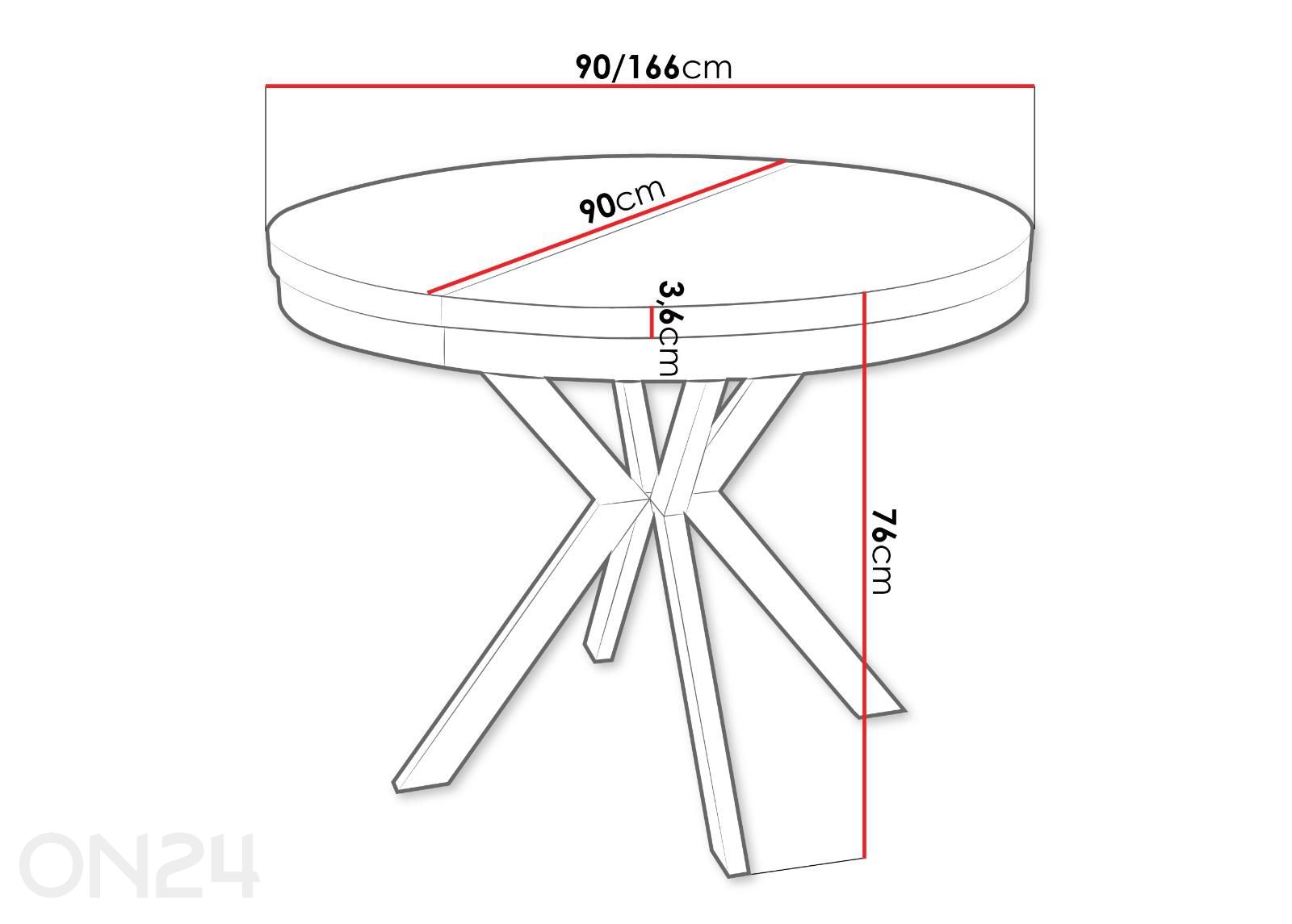 Pikendatav söögilaud Edder 90x90/166 cm suurendatud mõõdud
