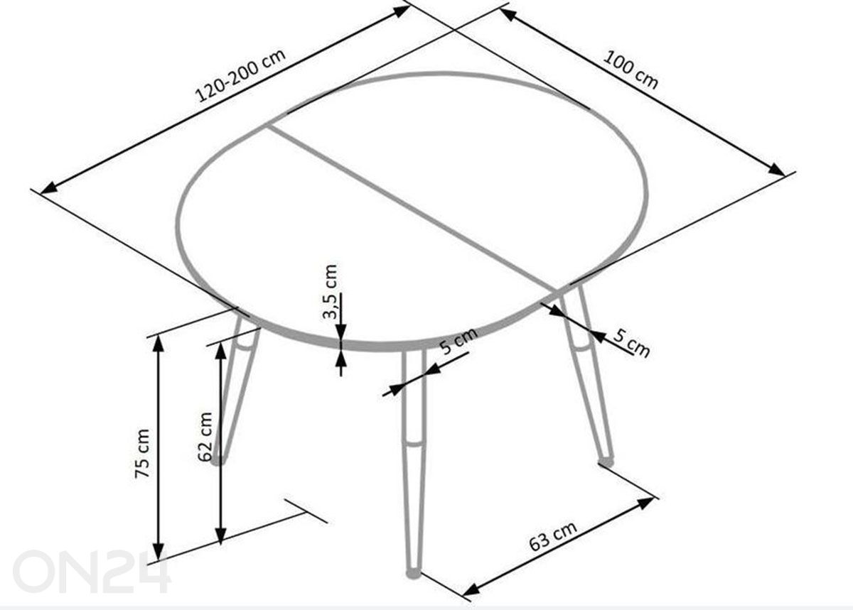 Pikendatav söögilaud Edward 100x120/200 cm suurendatud mõõdud