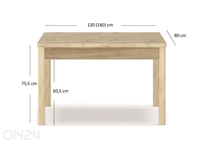 Pikendatav söögilaud Moris 80x120/160 cm suurendatud mõõdud