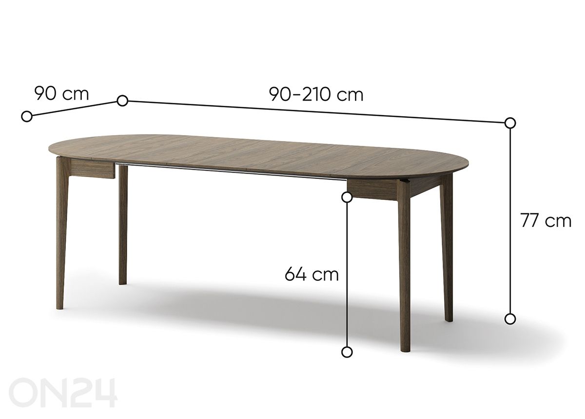 Pikendatav söögilaud Plot Ø 90x90/210 cm suurendatud mõõdud
