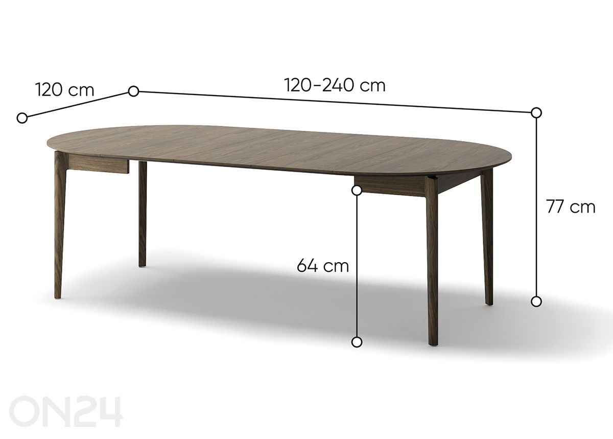 Pikendatav söögilaud Plot Ø120x120/240 cm suurendatud mõõdud