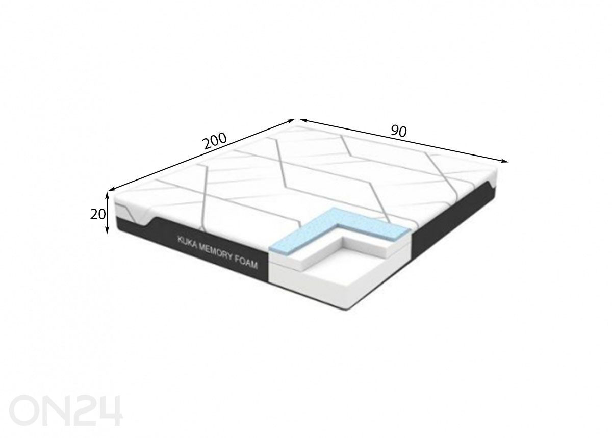 Poroloonmadrats Kuka Memory Foam 90x200xH20 cm suurendatud mõõdud