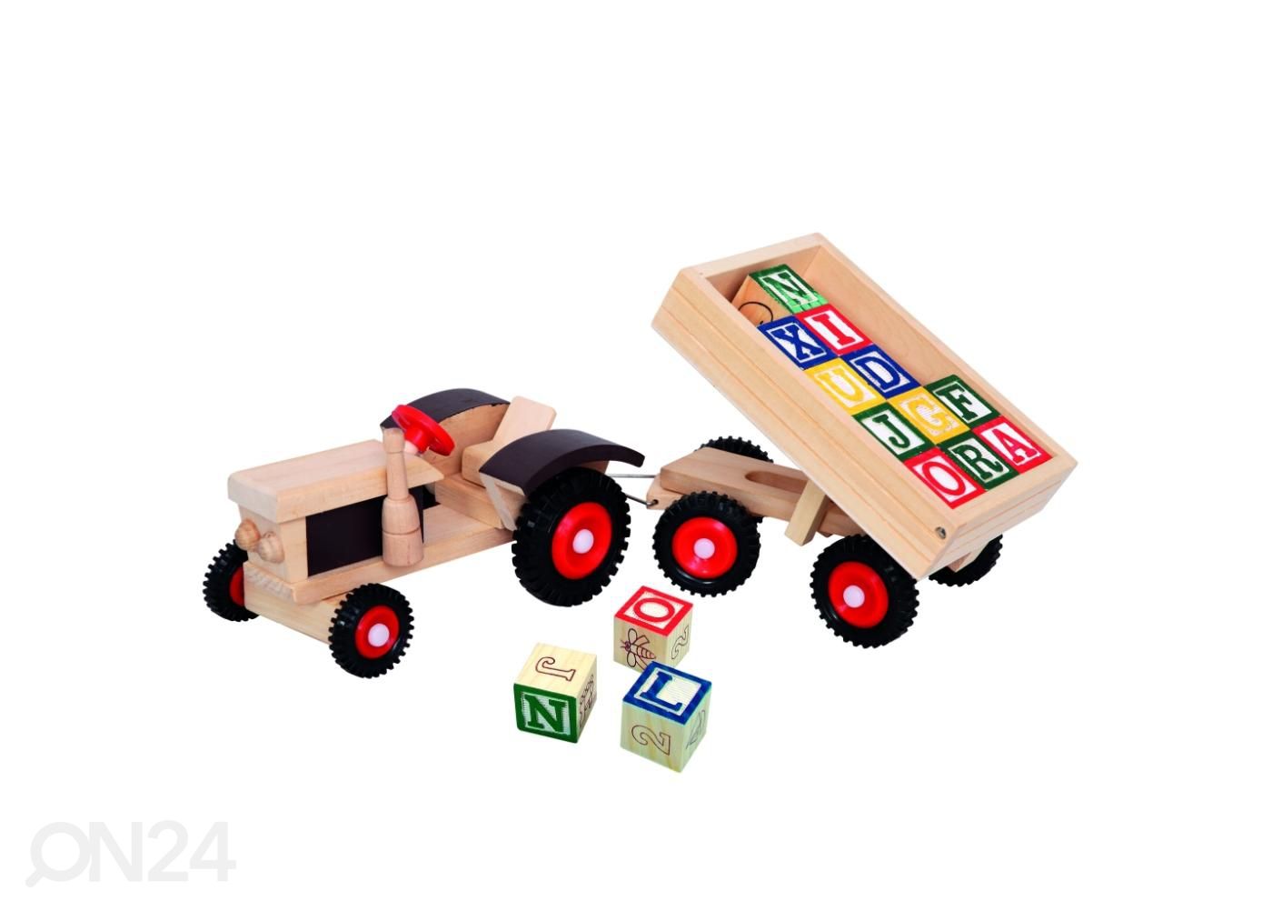 Puidust traktor koos haagise ja klotsidega suurendatud
