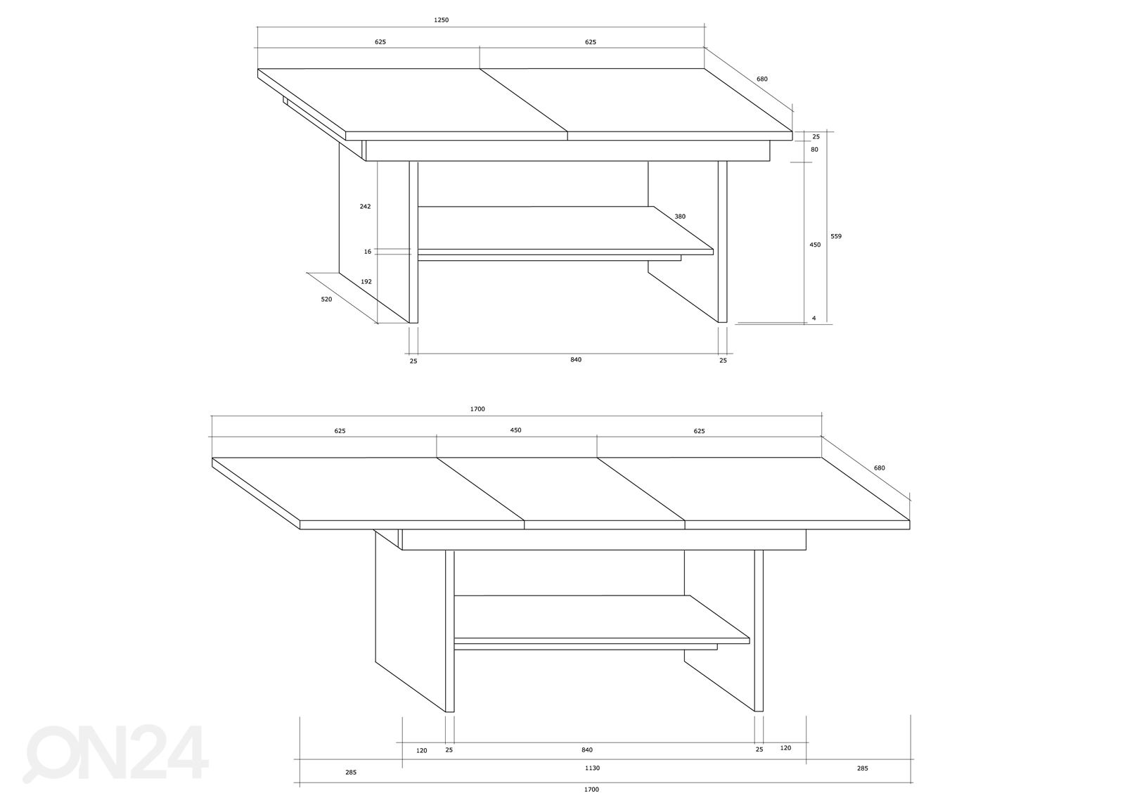 Reguleeritav diivanilaud 125/170x68 cm suurendatud mõõdud