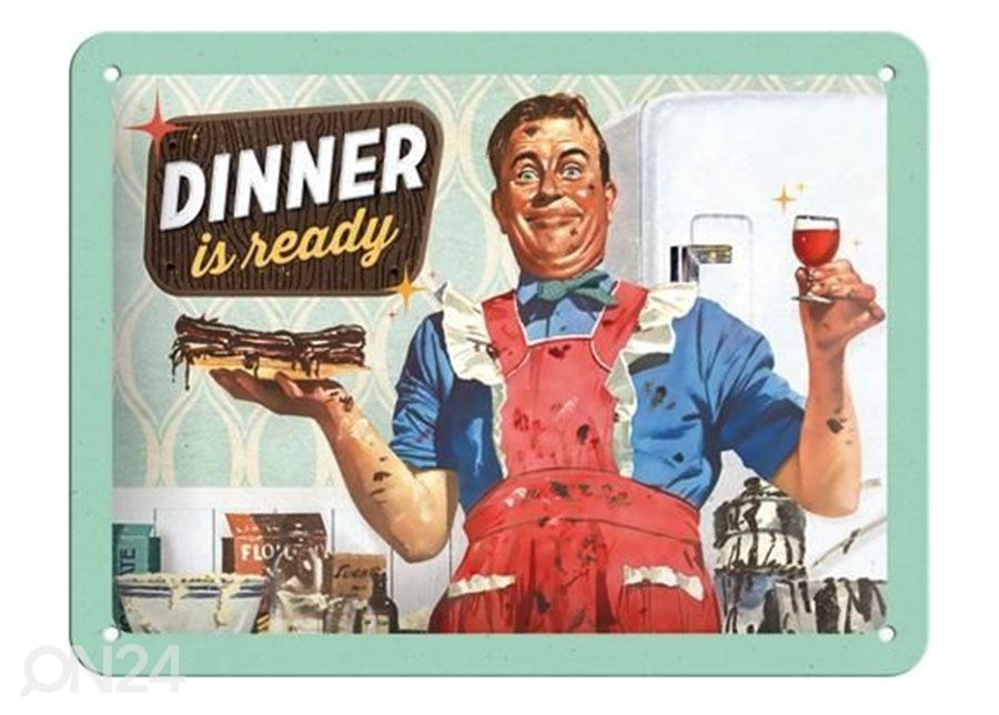 Retro metallposter Dinner is ready 15x20 cm suurendatud