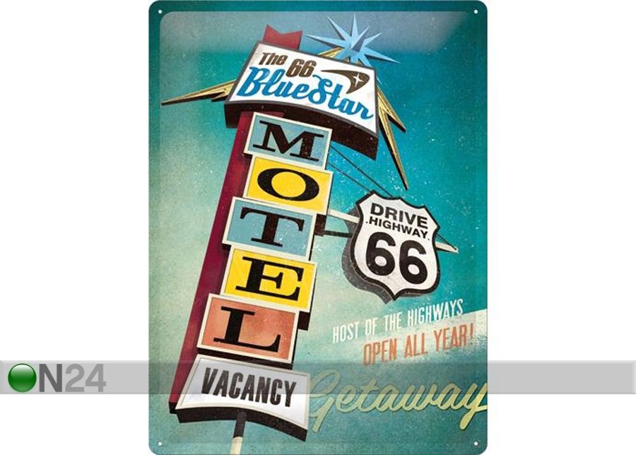 Retro metallposter The 66 Blue Star Motel 30x40cm suurendatud