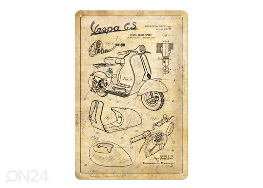 Retro metallposter Vespa - Parts Sketches 20x30 cm suurendatud