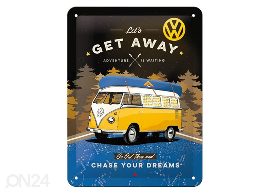 Retro metallposter VW Bulli - Let's Get Away Night 15x20 cm suurendatud