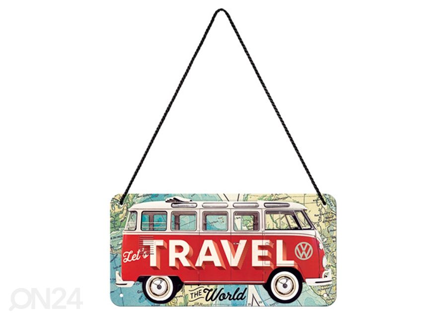Retro metallposter VW Bulli - Let´s Travel The World 10x20 cm suurendatud
