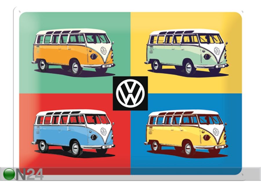 Retro metallposter VW Bulli Pop Art 4 autot 30x40 cm suurendatud