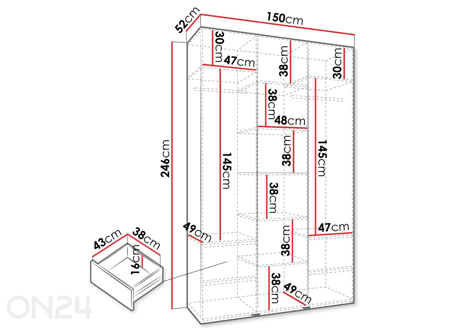 Riidekapp Como III 150 cm suurendatud mõõdud