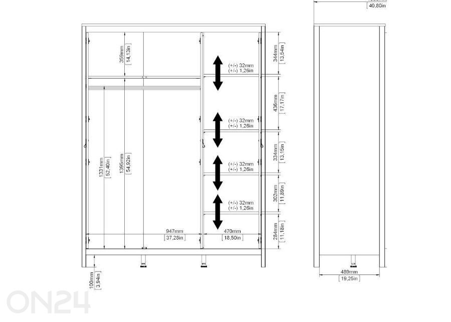 Riidekapp Madrid 150 cm suurendatud mõõdud
