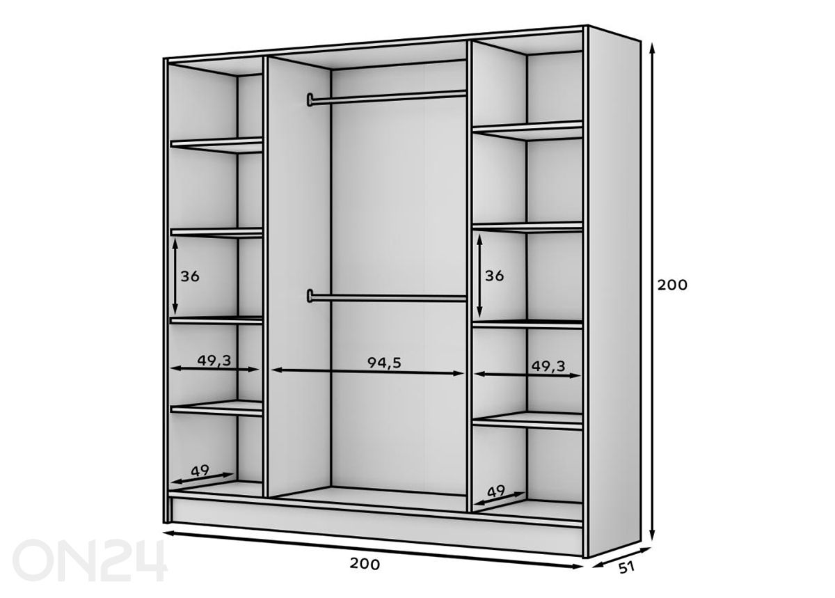 Riidekapp Palladio 200 cm suurendatud mõõdud