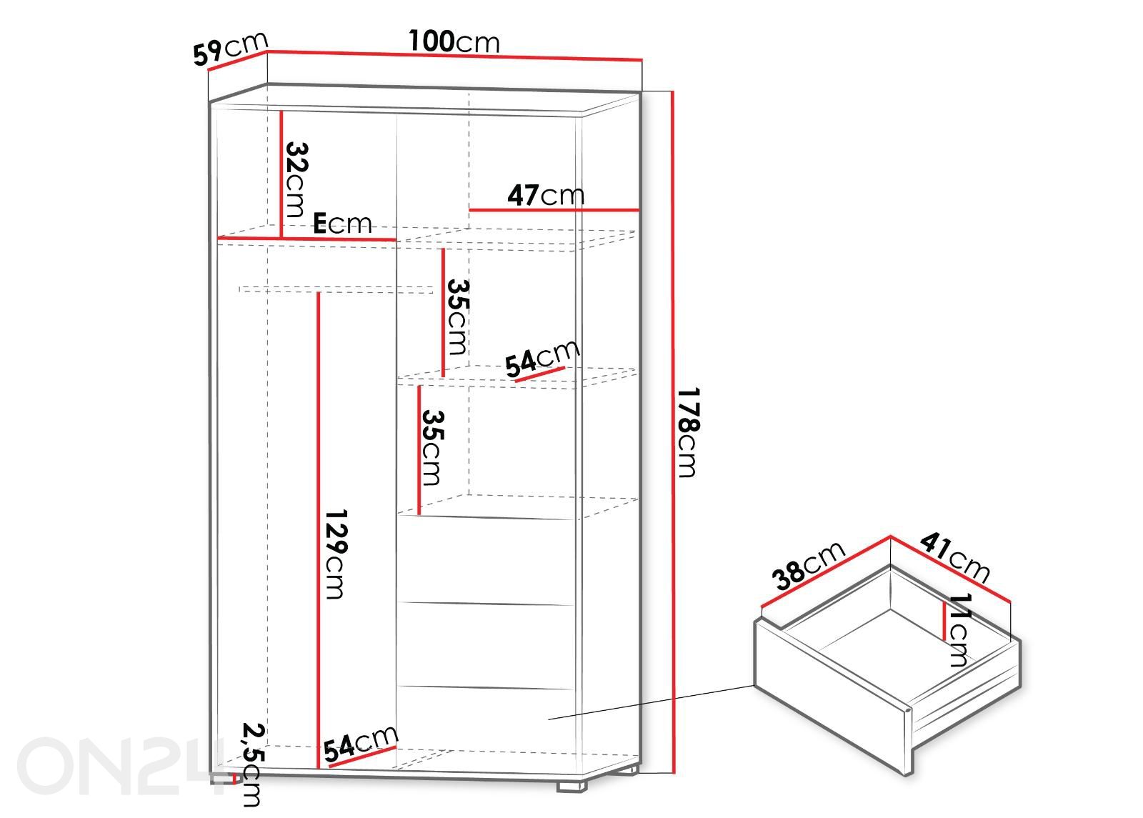 Riidekapp peegliga Gesita 100 cm suurendatud mõõdud