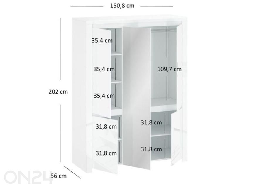Riidekapp peegliga Lingo 150,8 cm suurendatud mõõdud