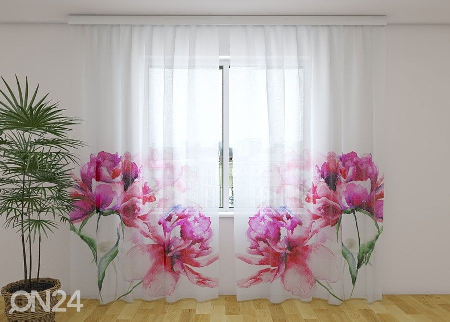 Šifoon-fotokardin Watercolor peonies 240x220 cm suurendatud