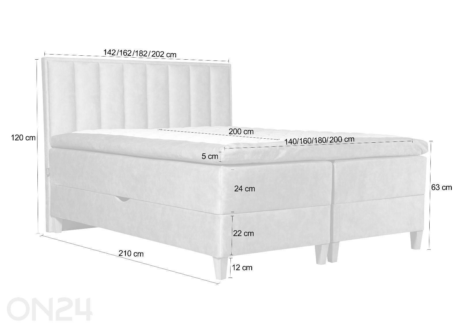 Sime Beds pesukastiga kontinentaalvoodi Mileen 140x200 cm suurendatud mõõdud
