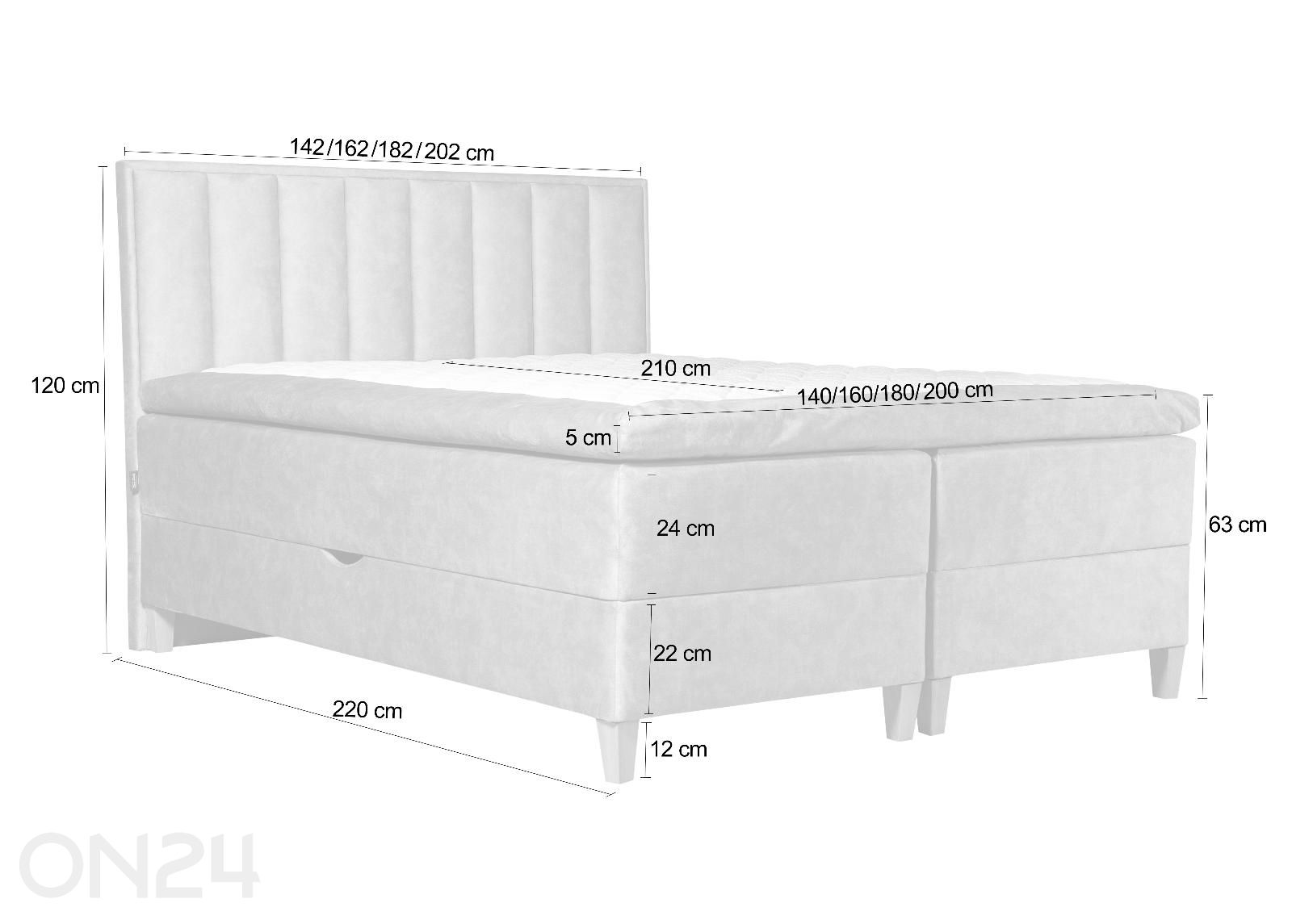 Sime Beds pesukastiga kontinentaalvoodi Mileen 140x210 cm suurendatud mõõdud