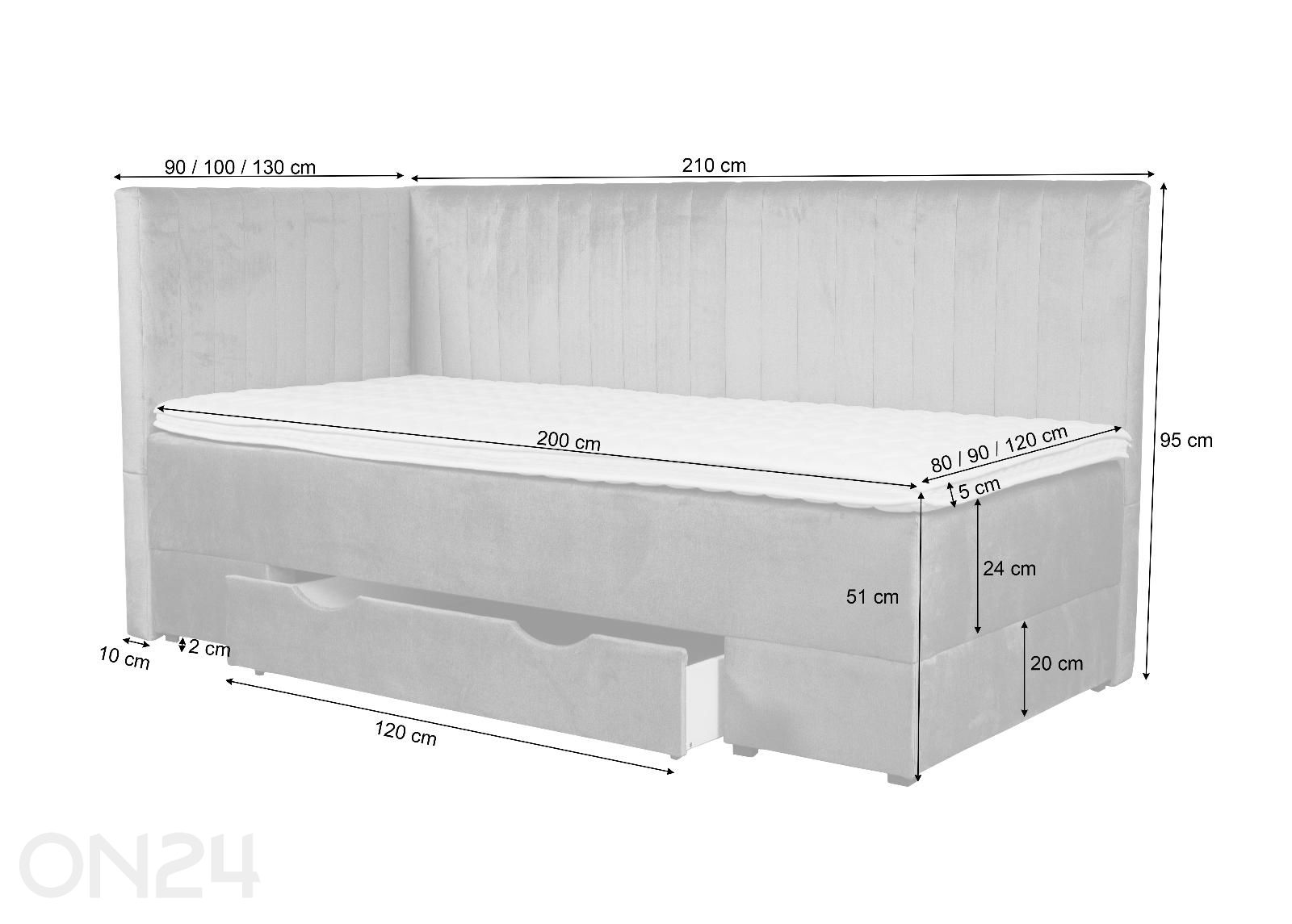 Sime Beds pesukastiga voodi Nora 80x200 cm suurendatud mõõdud