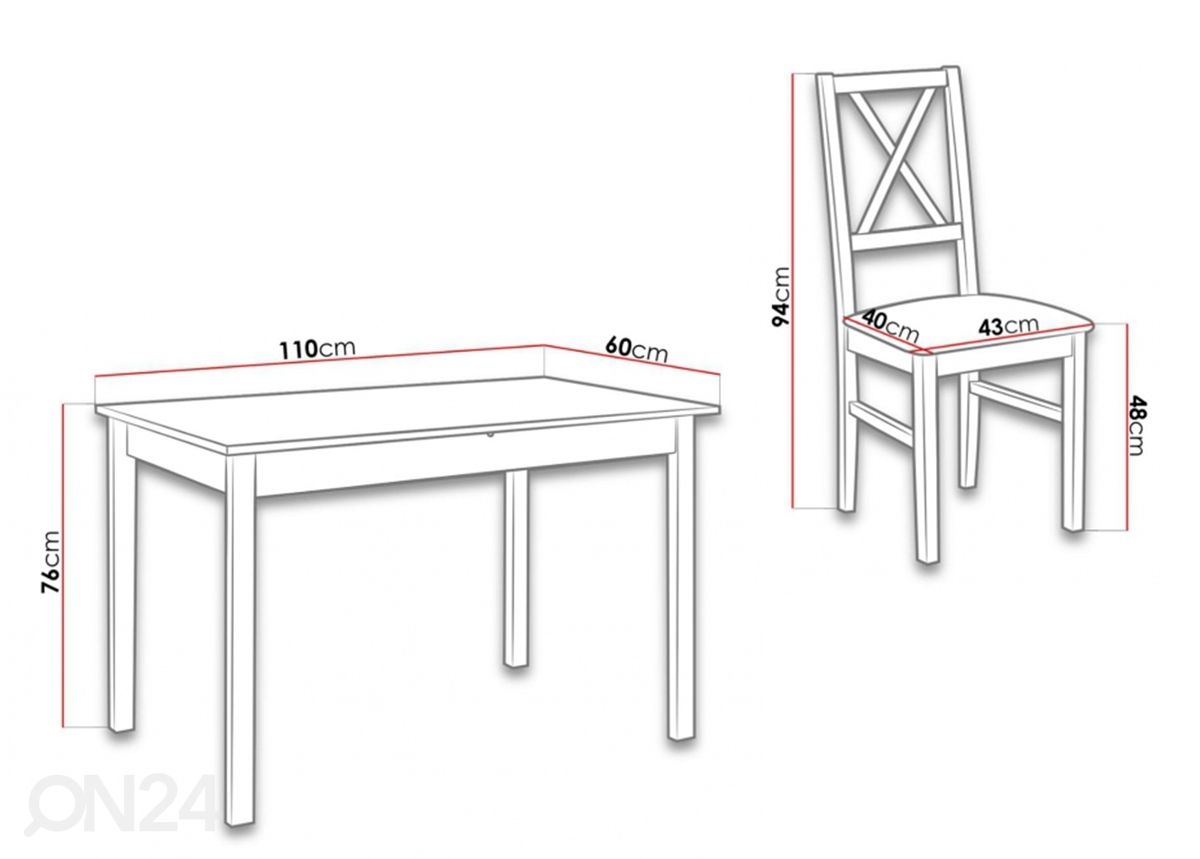 Söögilaud 110x60 cm + 4 tooli suurendatud mõõdud