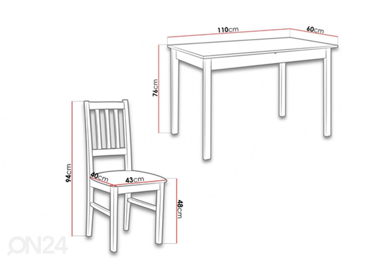 Söögilaud 110x60 cm + 4 tooli suurendatud mõõdud