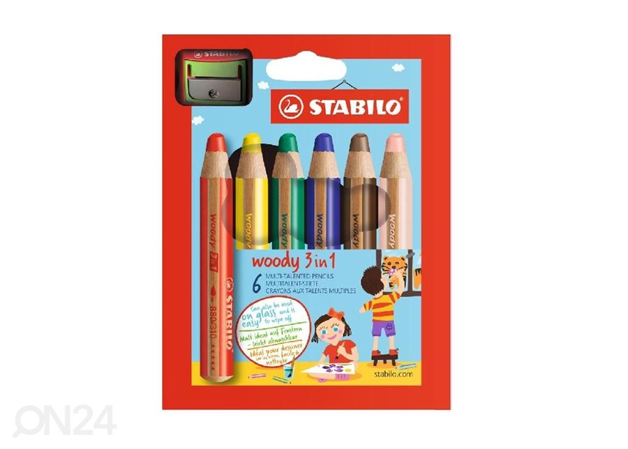 Stabilo värvipliiats Woody + teritaja, 6 värvi suurendatud