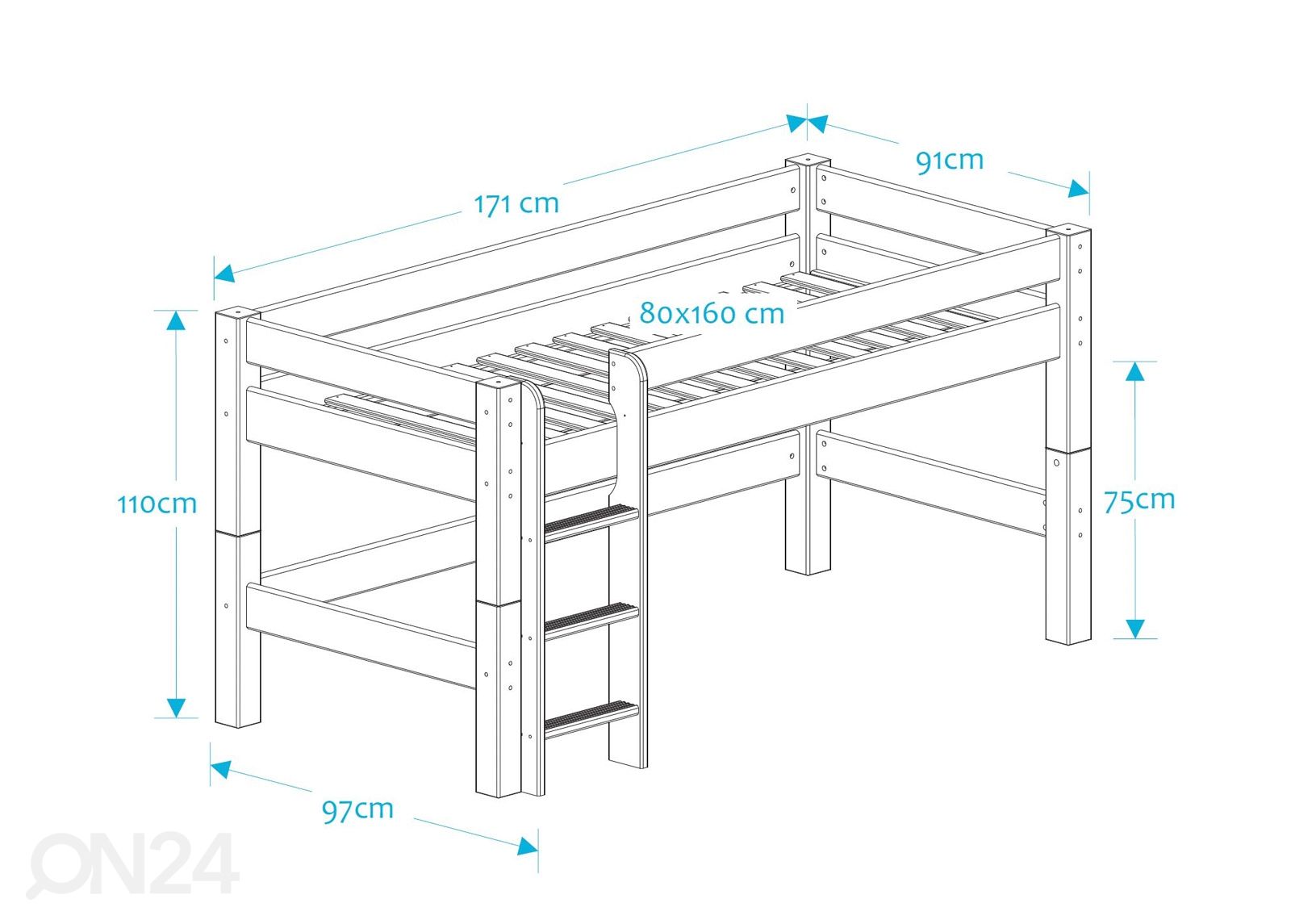 Suwem poolkõrge narivoodi Lahe MINI püstredeliga 80x160 cm suurendatud mõõdud