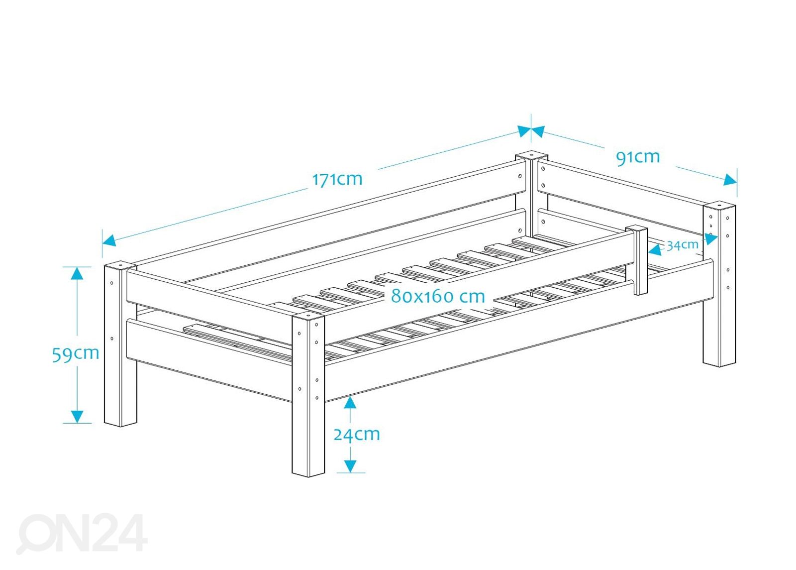 Suwem voodi Lahe MINI turvapiiretega 80x160 cm suurendatud mõõdud