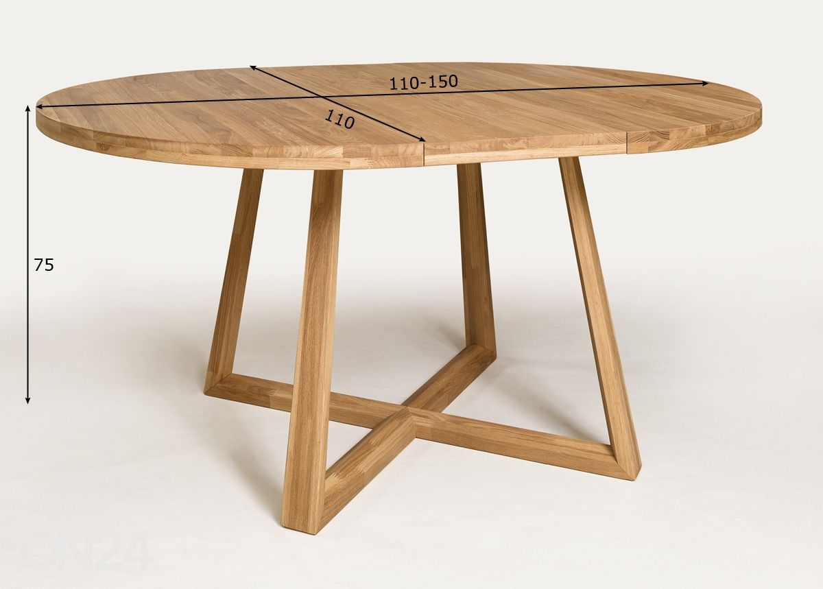 Tammepuust pikendatav söögilaud Merbi 110/150x110 cm suurendatud mõõdud